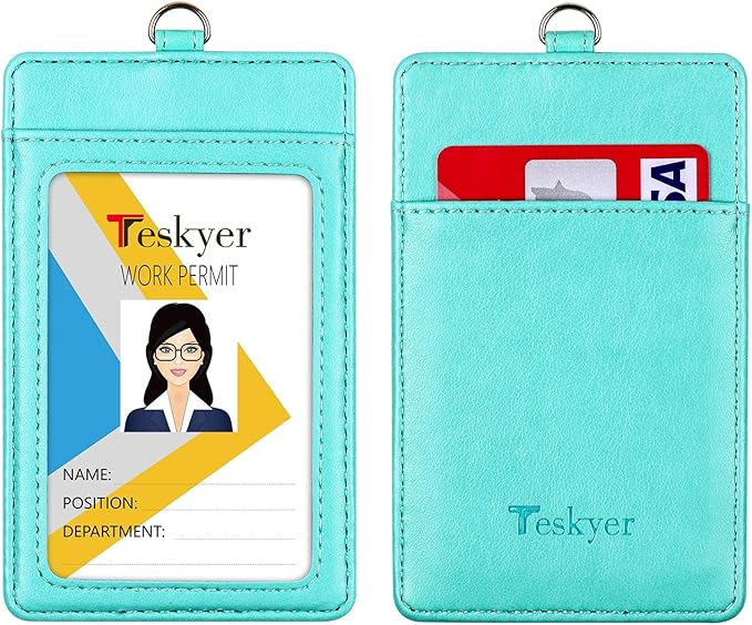 Teskyer Leather Badge Holder with Lanyard and Badge Reel, Retractable Lanyard ID Card Holder for Office School Name Work IDs, Green