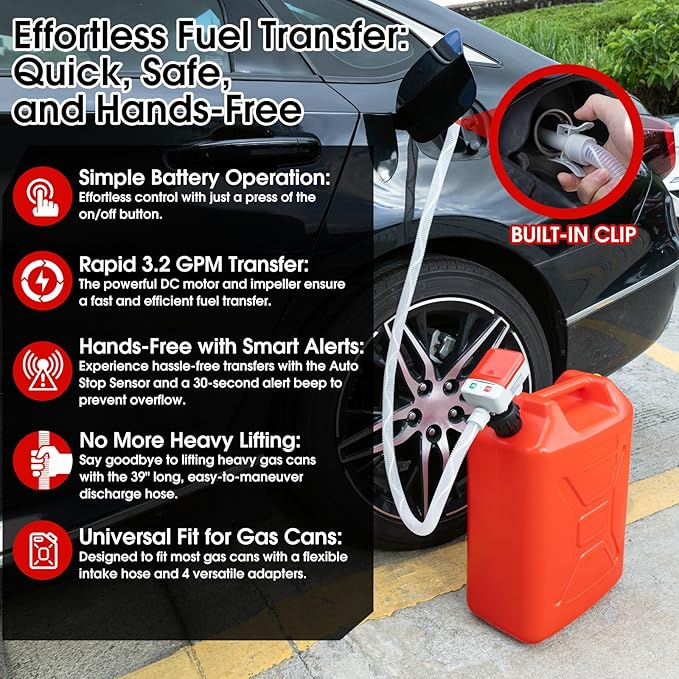 Fuel Transfer Pump with Auto-Stop Sensor-3.2GPM,Overfill Protection, 30s Alert Beep,51"Hose Transfer Pump Battery Powered with 4 Tank Adapter,Portable Liquid Pump with Nozzle for Gasoline,Diesel,Oil