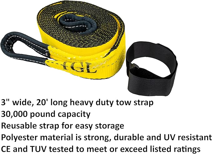 TGL Heavy Duty Tow Strap with Loops, 3" x 20', 30,000 lb Break Strength, Reinforced Loops - Emergency Strap for Truck, UTV, ATV - Compatible with Jeep Accessories, Ford, Toyota.