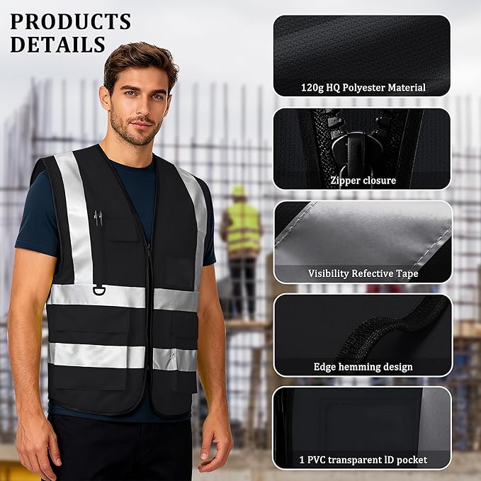 Custom Safety Vest with Logo, High Visibility Reflective Personalized Vest with Pockets for Men Women Construction