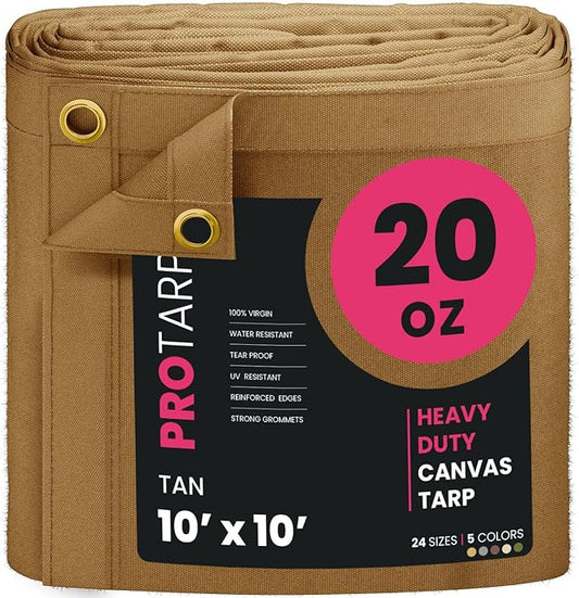 PROTARP Extreme Heavy Duty 20 OZ Water Resistant Canvas Tarp, UV Resistant Tarpaulin Cover with Rustproof Brass Grommets, Multipurpose for Canopy, Roof, Camping, Woodpile (Tan 10'X10')