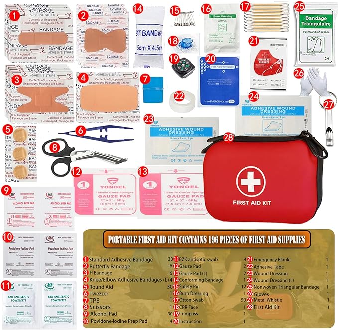 First Aid Kit 196 Piece Waterproof Hard Shell Portable Survival Kit for Home, Camping, Cars, Hiking, Travel, Outdoor, Adventure Emergency Medical Kits (Vermilion)