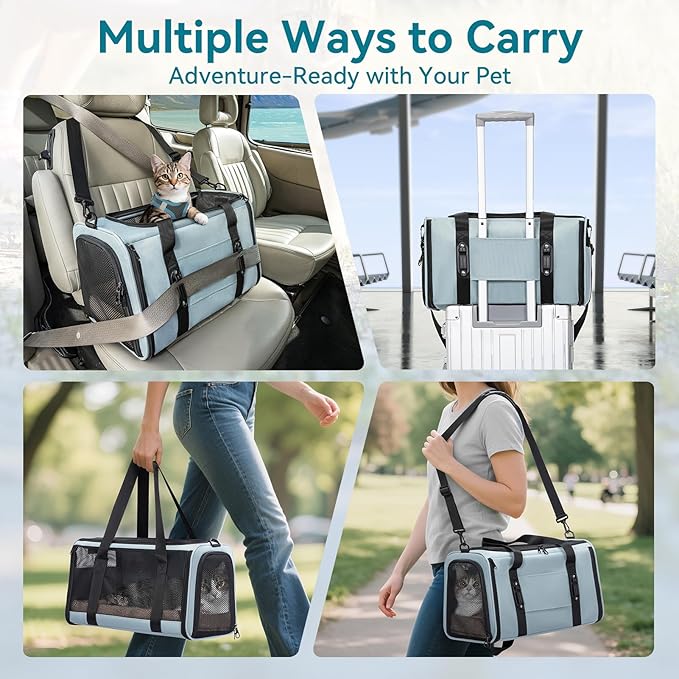 Petsfit 18 X 11 X 11 Airline Approved & Cat Car Carrier, with Patent Safety Buckles & Lockable Zippers Preventing Escapes, Breathable Mesh & Padded Mat — Portable, Stress-Free Travel Carrier