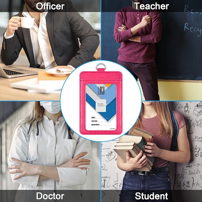Badge Holder, Wisdompro 2-Sided PU Leather ID Badge Card Holder Wallet Case with 1 Clear ID Window and 1 Credit Card Slot and 22 Inch Quick Rlease Detachable Neck Lanyard Strap - Hot Pink (Vertical)