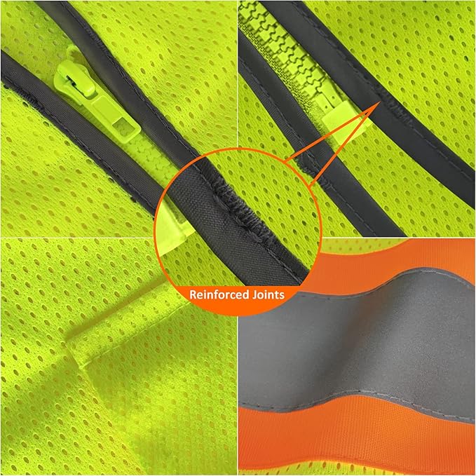 TCCFCCT Mesh High Visibility Vest with Pockets Reflective Safety Vest for Men Women, Construction Vest with Fluorescent Orange Extend Edge, Meets ANSI/ISEA Standards, Yellow, L