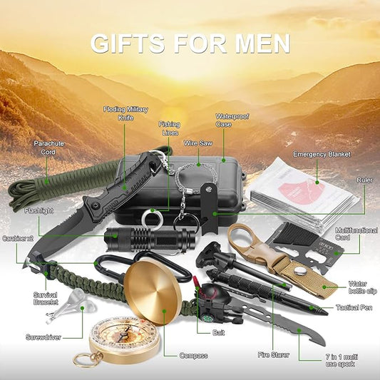 Gifts for Men Christmas Emergency Survival Kit, 22 in 1 Professional Survival Gear Equipment Tools First Aid Supplies for SOS Emergency Tactical Hiking Hunting Disaster Camping Adventure