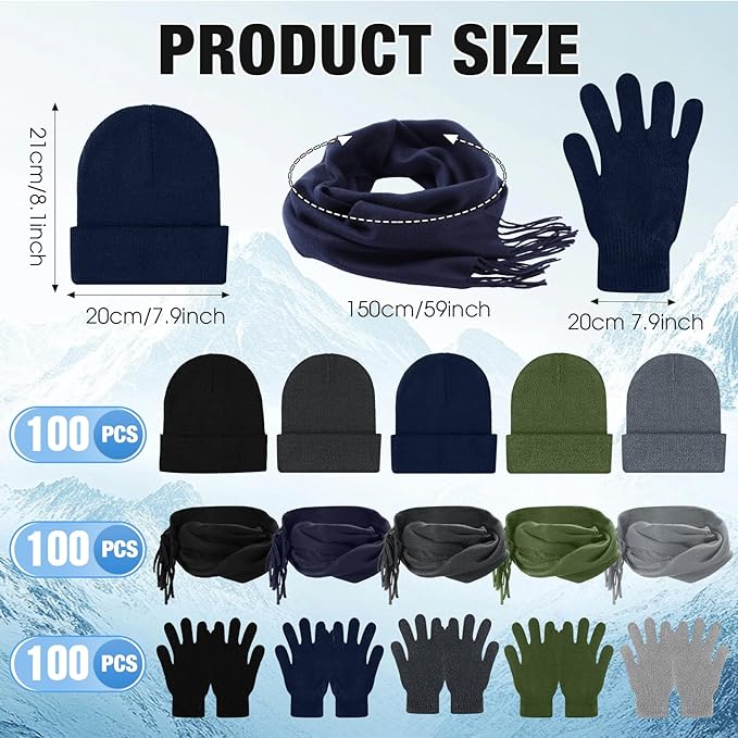 Unittype 300 Pcs Winter Homeless Care Supplies Bulk - Beanies Caps Gloves Scarves Set for Community Charity Church Donation