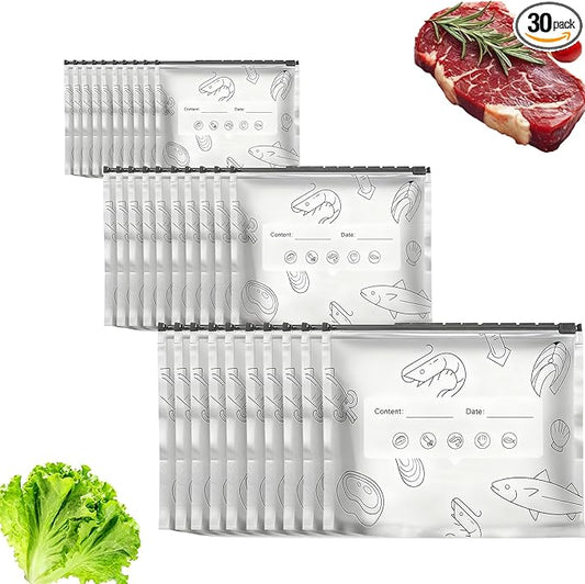 30Pcs Reusable Aluminum Foil Sealable Storage Bags, Thicken Stand Up Foil Sealable Bags with Label and Zip Lock, Aluminum Foil Bags for Food, Vegetable Fruit Meat (10*S+10*M+10*L)