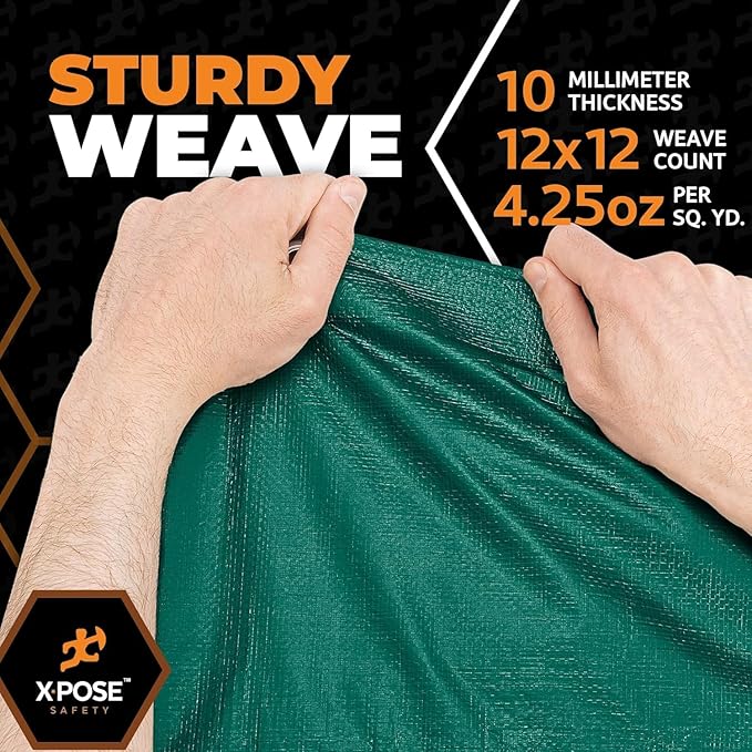 Heavy Duty Poly Tarp 9' x 12' - Bulk Half Pallet (200 Pack) Thick Waterproof, UV Blocking Protective Cover - Reversible Green & Black - 10 Mil Thick Polyethylene - by Xpose Safety