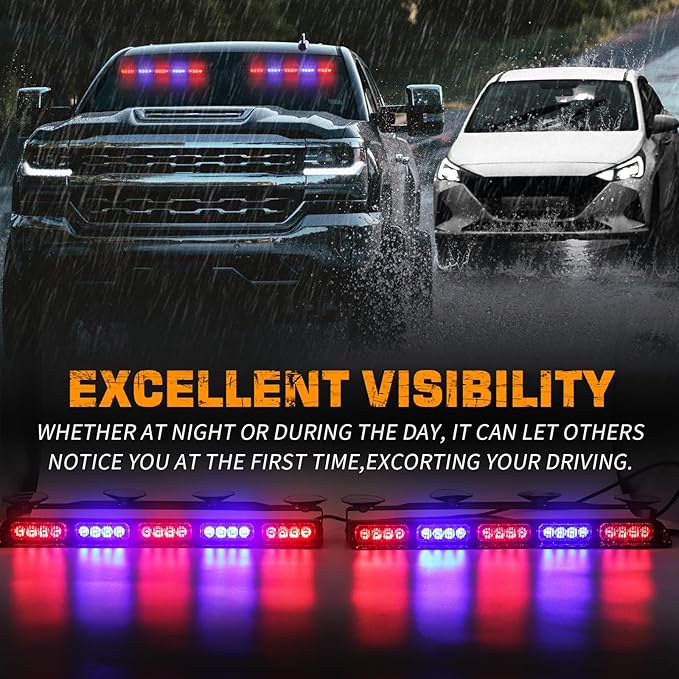 XRIDONSEN 2x 17 inch Emergency Dash Police Lights 40 LED Red Blue Police Light Bar Interior Front/Rear Windshield Strobe Lights Safety Warning Hazard Caution w/Suction Cups for Vehicles Trucks Car