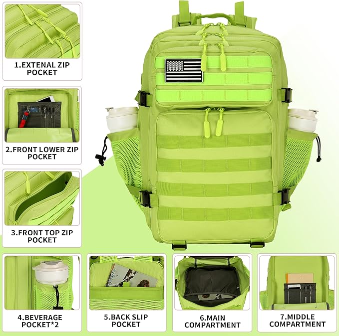 45L Tactical Assault Backpack 3 day assault pack with Molle Waterproof backpack Rucksack for Tactical Backpacks (Fluorescent Green)