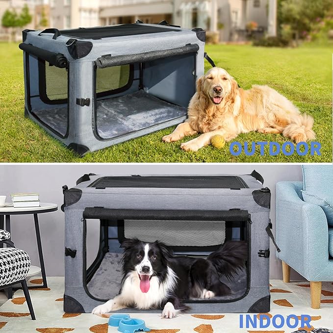 NEZUC Soft Collapsible Dog Crate - 30 Inch Portable Soft Sided Travel Dog Crates for Medium Dogs, 4-Door Foldable Dog Carrier, Pet Kennel Indoor & Outdoor (Gray, 30.0" L x 20" W x 20.0" H)