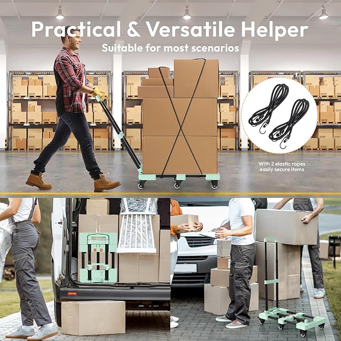 Folding Hand Truck 500lbs, Portable Heavy Duty Dolly Cart, 6 Wheels Collapsible Luggage Cart with 2 Elastic Ropes - Compact Trolley Cart for Easy Moving - Ideal Hand Cart for Travel and More