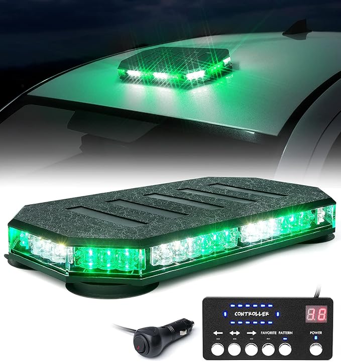 LUMENIX 42 LED Roof Top Strobe Beacon Light Bar Hazard Warning Emergency Flashing Plow Lights with Controller for Construction Vehicles Tow Trucks Snowplow Postal Cars White Green (Patent Design)