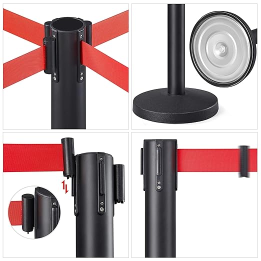 Yaheetech 2-Pack Stanchion Post Rope Barriers - Heavy Duty Black Crowd Control Stanchions 36-Inch Height with 6.5 Feet Red Retractable Belt Easy Connect Assembly