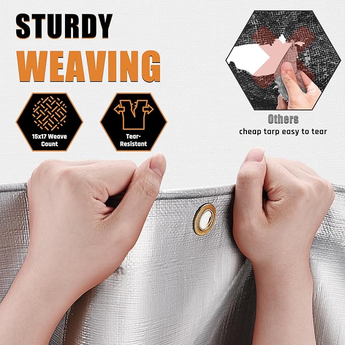 10x20FT Waterproof Tarp, Yumatum 16 Mil Heavy Duty Tarps with Reinforced Edges/Brass Grommets, 100% UV Blocking/Tear Resistant Poly Tarp for Camping, Patio, Tent, Boat(Silver/Black)