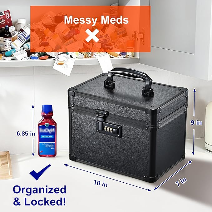 Lockable Security Storage Box - Shiny Black Safe Combination Lock Box, Cabinet Med Organizer, 10 x 7 x 9 Inches Safe Case for Documents, Valuables, Medicine & Money