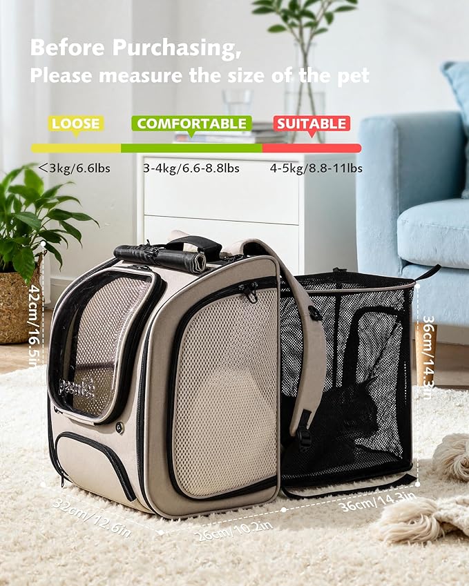 Pecute Cat Backpack Carrier Expandable, Large Space Cat Bubble Backpack, Breathable Cat Carrier, Shaded Dog Backpack Carrier for Travel, Hiking, Suitable for Shopping, and Vet, Khaki