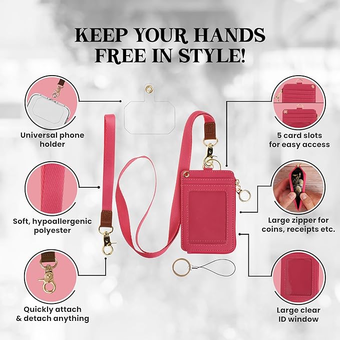 2-in-1 ID Badge Holder & Lanyard Wallet - Multi-Use Womens Small Wallet with Removable Wristlet & Neck Lanyard, Clear Window, 5 Card Slots, Phone Holder, Ring Keychain - Hot Pink