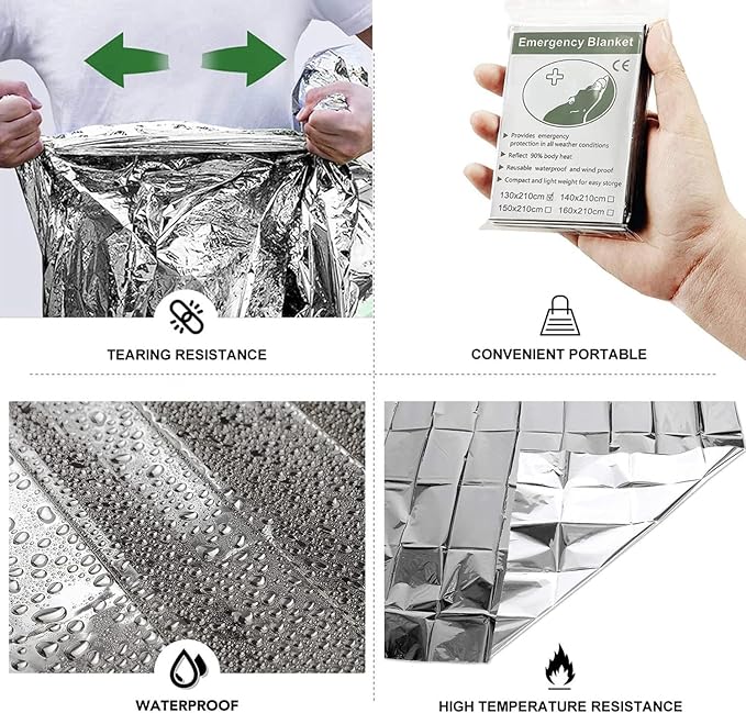 Emergency Foil Blanket (Pack of 100), Survival Thermal Mylar Blankets Individually Packaged Perfect for Outdoors, Hiking, Survival, Marathons or First Aid