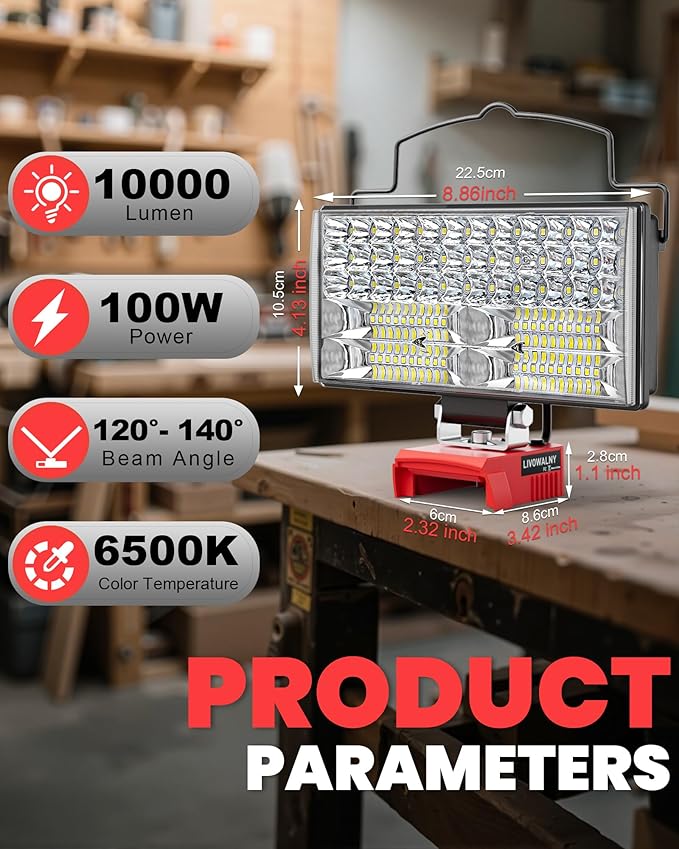 LIVOWALNY LED Work Lights Compatible with Milwaukee 18V Battery, 100W 10000LM 7" Flood Light Portable with USB & Type-C Charging Port & Low Voltage Protection 140° Pivoting Head, Battery Not Included