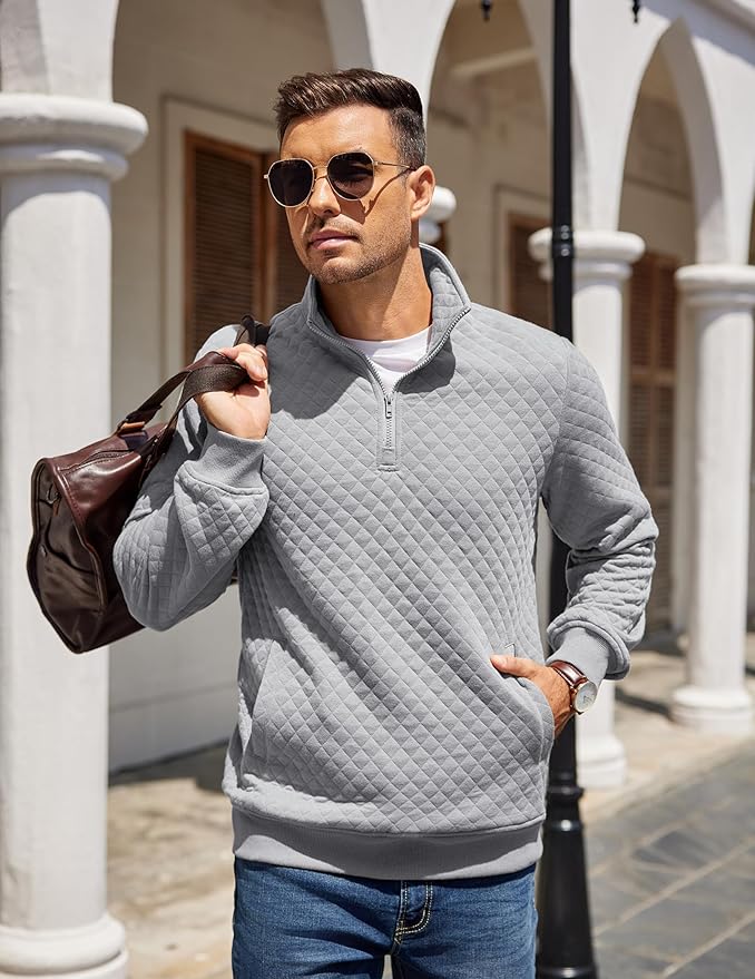 COOFANDY Mens Quarter Zip Pullover Quilted Sweatshirt Knit Long Sleeve Mock Neck Sweater Polo with Pocket