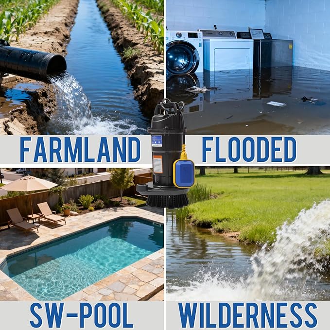Weeflos 1.6HP Submersible Sump Pump, Automatic ON/OFF, 6300 GPH High Flow, 36ft Max Head, for Dirty Water Removal, Flooded Basement, Swimming Pool Cover, Hot Tubs, Lightweight Aluminum (1HP/36FT)