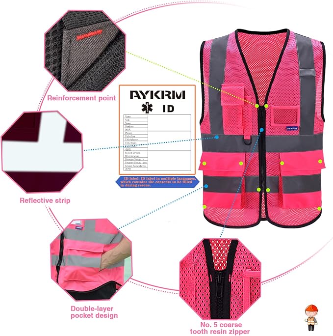 A-SAFETY High Visibility Mesh Safety Reflective Vest with Pockets and Zipper,Hi Viz Work Vest for Men Women (Pink Mesh 4XL-5XL)