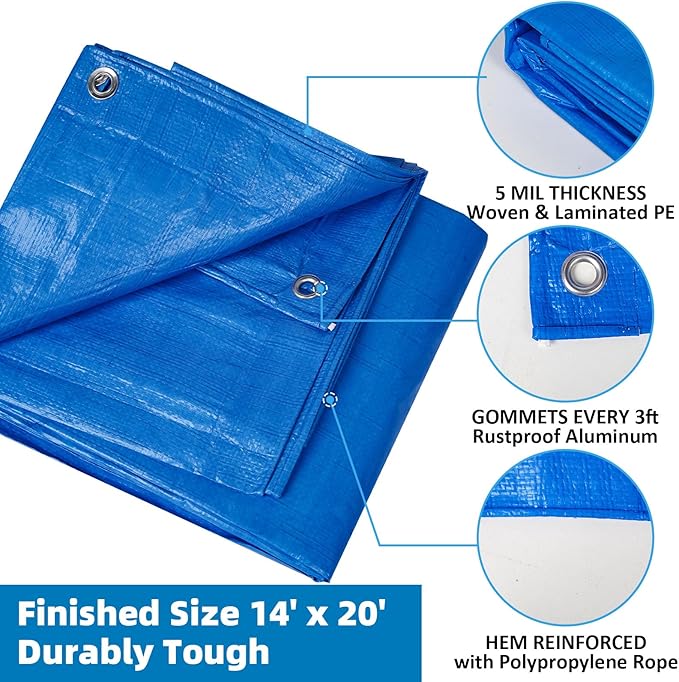 Double-Sided Waterproof Poly Tarp 14x20 Feet 5mil Thick Polyethylene Tarps, Perfect for Outdoor Use, Plastic Cover & Mat for Tent Camping Storage Boat Bikes Vehicles