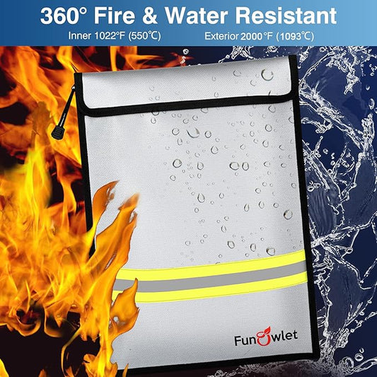 Fireproof Waterproof Money Document Bag - 15" x 11" Upgraded Zipper Bags, Fire & Water Resistant Storage Organizer Pouch for A4 A5 Documents Holder,File,Cash,Jewelry,Passport,Tablet (Black+Gray)