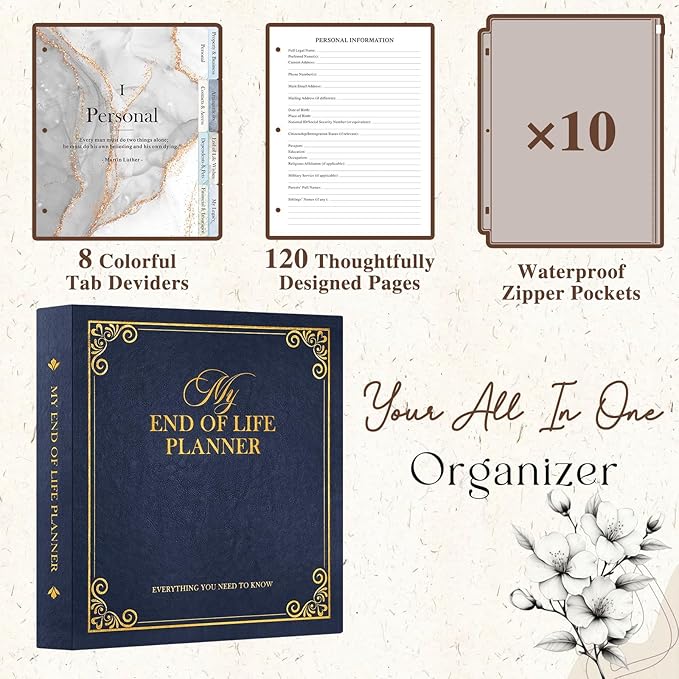 Lanpn End of Life Binder Organizer Death Planner 8.5"x11", Final Wishes & Estate Document Folder with 8 Dividers & 10 Letter Size Binder Pockets, When I Die Journal Before Death Life Plan Book, Blue