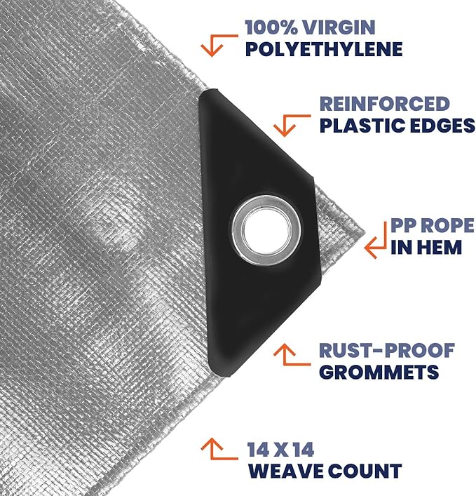 Tarpco Safety Extra Heavy Duty 14 Mil Tarp Cover, Waterproof, UV Resistant, Rip and Tear Proof, Poly Tarpaulin with Reinforced Edges for Roof, Camping, Patio, Pool, Boat (Silver/Black 12′ X 12′)