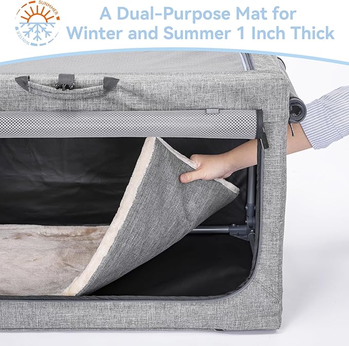 PETSFIT Travel Dog Crate, Soft Sided Dog Crate - 36 Inch Easy Set-up, Light, Sturdy, Comfy Inside with Thicken Mat, Collapsible Crate for Home and Travel Grey
