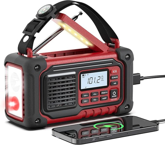 Emergency Weather Radio, AM/FM/SW/NOAA Hand Crank Radio with 10000mAH/37000mWh Portable Large Capacity, USB/Solar/Hand Crank Charging, AAA Battery Operated, SOS Alarm & Flashlight