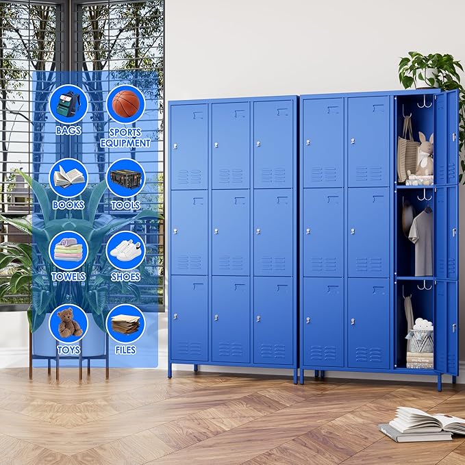 Metal Lockers for Employees with 9 Doors and 27 Hooks, 72”H Storage Locker with Card Slot for Office Gym School Bedroom, Blue, Assembly Required