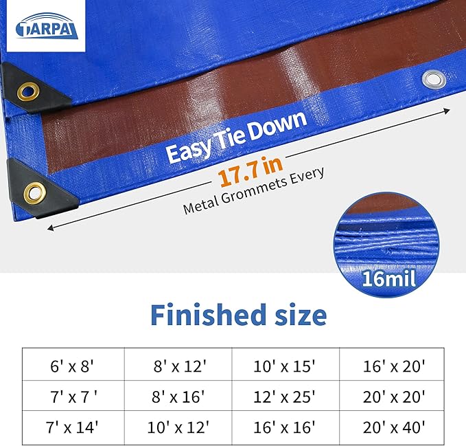 TARPAL 16x20ft Waterproof Heavy Duty Tarp 16Mil Thick with Metal Grommets Every 17.7" Large Multipurpose Tarp Tear-Resistant UV Protection Covers Roof, Pool,Car,Firewood&Outdoor Furniture(Blue/Brown)