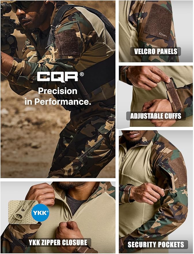 CQR Men's Combat Shirt Tactical 1/4 Zip Long Sleeve Military BDU Shirts Camo EDC Top with Pockets