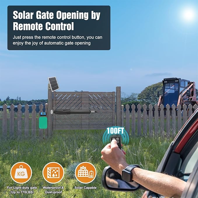JUJIANG C026 Solar Gate Opener with Batteries & Solar Panel for Single Swing Gates Up to 770lb 16FT Automatic Gate Openers with Remote Complete Kit Medium Duty Automatic Gate Openers Solar Powered