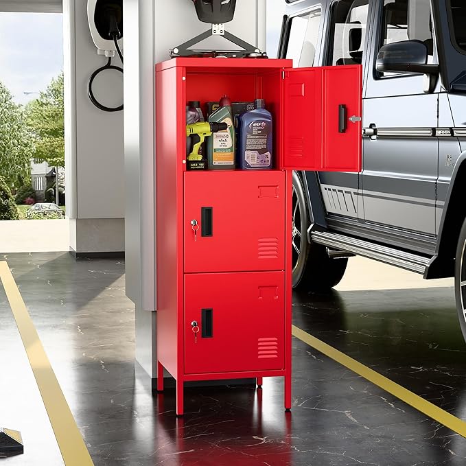 Metal Storage Locker with Ventilation Holes, Metal Storage Locker with Lock and Card Slot for School, Office, Home,47.3" H x 15.8" W x 15.8" D,Assembly Required,Red