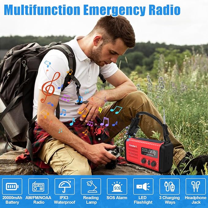 20000mah Emergency Radio, Solar Hand Crank Portable AM FM NOAA Radios, Rechargeable Battery, SOS Alarm, Flashlight, Reading Lamp for Home Outdoor Emergency (Red)