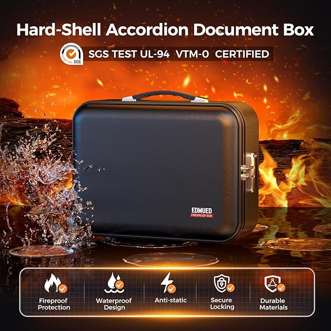 Fireproof Document Box with Combination Lock - Fire & Water Resistant Hard Case Safe Box for Important Documents, Certificates, Laptops, Passports (Black)