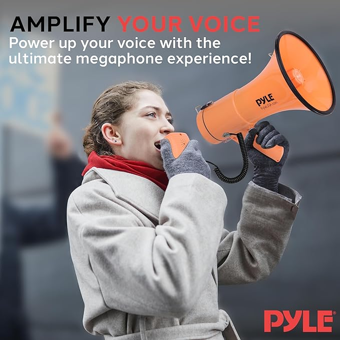 Pyle 50W Megaphone Bullhorn - Portable, Automatic Siren & Adjustable Volume, Projection Range Up to 1200 Square Yards, Aux Input, Talk, Siren, Music, Whistle, & Record, Shoulder Strap (Black)