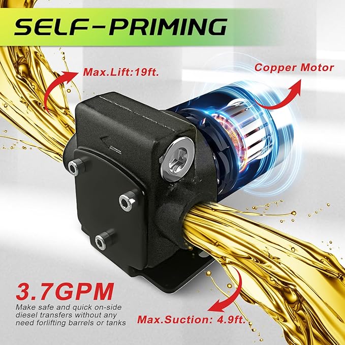 12V Fuel Transfer Pump Automatic Gasoline 3.7GPM DC Diesel Transfer Pump with Forward and Reverse Pumping, Portable Fuel Oil Transfer Pump for Gasoline, Diesel, Kerosene & More
