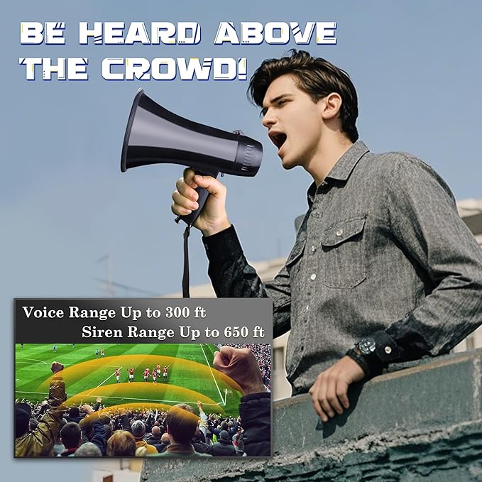 MyMealivos Portable Megaphone Bullhorn 20 Watt Power Megaphone Speaker Voice and Siren/Alarm Modes with Volume Control and Strap (Black)