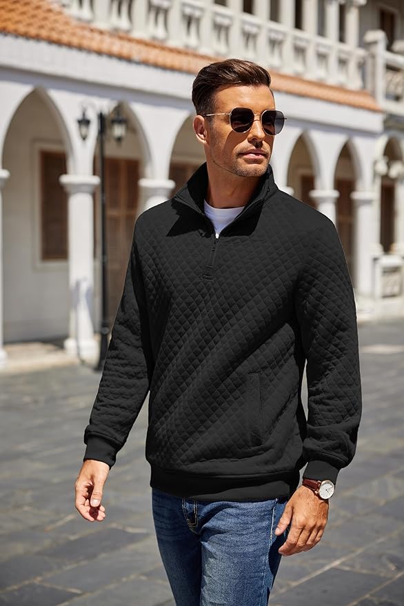 COOFANDY Mens Quarter Zip Pullover Quilted Sweatshirt Knit Long Sleeve Mock Neck Sweater Polo with Pocket