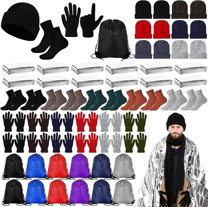 60 Pcs Homeless Care Package Supplies Winter Beanie Gloves Sock Drawstring Bags Emergency Blankets for Men Women