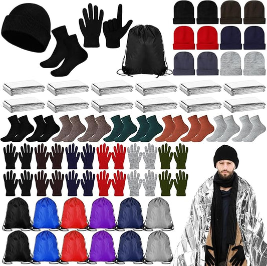 60 Pcs Homeless Care Package Supplies Winter Beanie Gloves Sock Drawstring Bags Emergency Blankets for Men Women