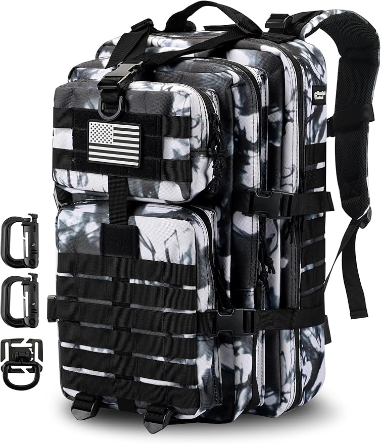 MOLLE Assault Backpack, Tactical Backpack Military Army Camping Rucksack, 3-Day Pack Trip w/USA Flag Patch, D-Rings, Black White camo