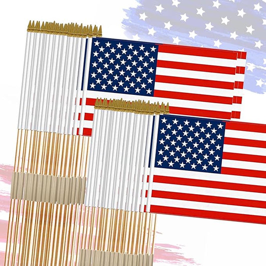 100 Pack 12x18 Inch American Flags on Stick - Patriotic American Flags for Outside, USA Stick Flag Perfect for Independence Day, Memorial Day, 4th of July Decorations (100)