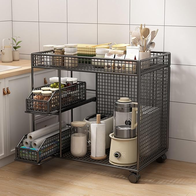 Mobile Storage Rack, Wide Opening Kitchen Storage Cart Rolling Utility Cart with 360 Rotating Wheels & Pull Out Baskets Kitchen Organizer for Bowls, Dishes, Utensils (Black)